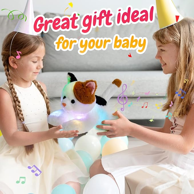 Glow Guards Light up Music Calico Cat Stuffed Animal LED Singing Kitty Soft Plush Toy Pillow with Night Lights Lullaby Birthday Children's Day Gifts for Toddler Kids, 15''