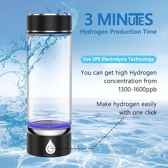Hydrogen Water Bottle, Portable Rechargeable Hydrogen Water Bottle Generator for Home Travel Office Exercise, Black