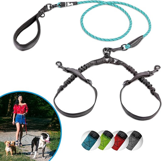 SparklyPets Dual Dog Leash for 2 Small Dogs – Tangle Free Rope Bungee Double Leash for Two Small Breeds with Adjustable Couplers & Soft Handle (Teal, S)