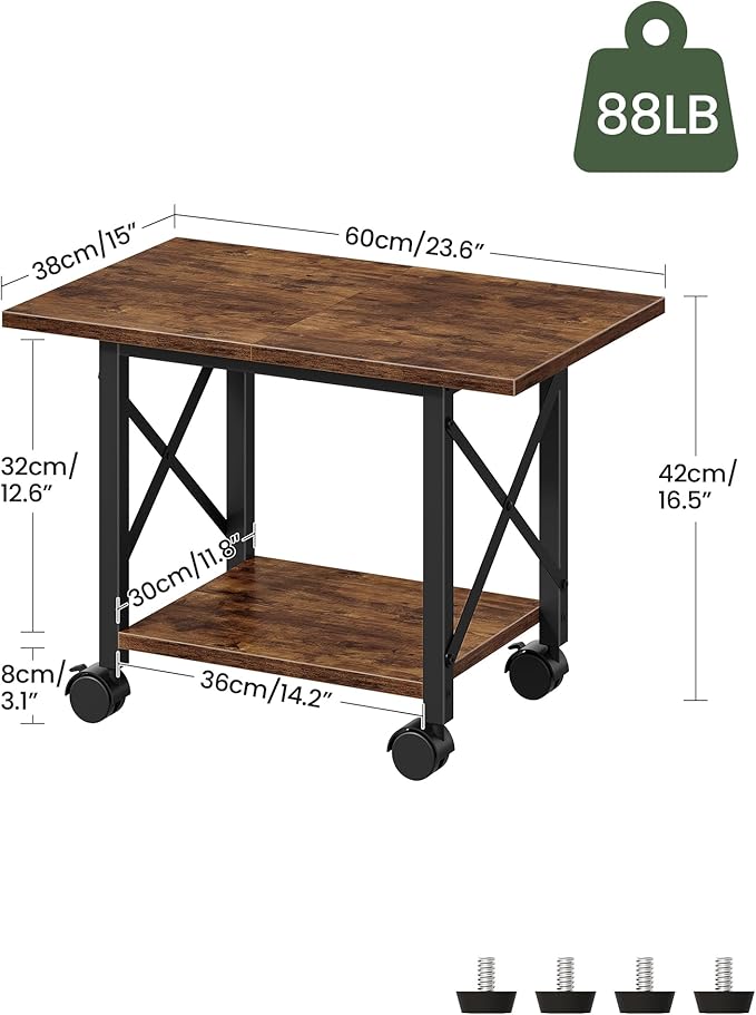 23.6" Under Desk Printer Stand, 2-Tier Printer Table with Wheels Adjustable Feet for Home Office, Study, Living Room, Rustic Brown and Black TPS01BF