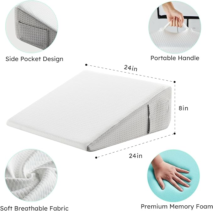 Wedge Pillow for Sleeping, 8 inch Bed Wedge Pillow, Elevated Body Pillow for Back Support, Acid Reflux, Leg, Neck Pain, Snoring, Triangle Pillow Wedge - Cooling Memory Foam Top, White/Grey
