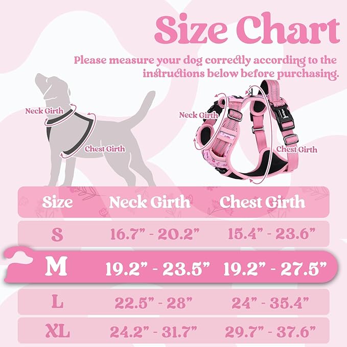 rabbitgoo Dog Harness Medium Sized, No Pull Pet Harness with 3 Buckles, Adjustable Soft Padded Vest with Control Handle, Walking Reflective Pet Vest for Medium Dogs, Floral Pink, M