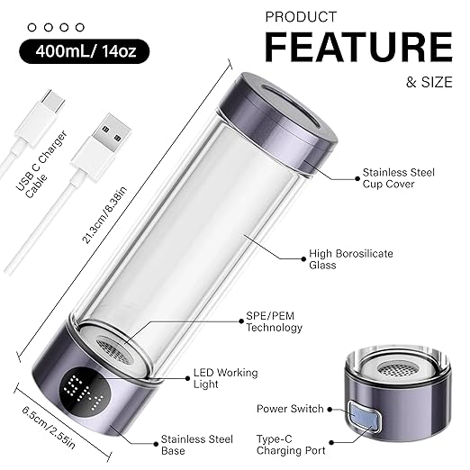 Hydrogen Water Bottle 2024 (Purple), Rechargeable Rich Hydrogen Water with SPE/PEM Technology Water Ionizer, LED Display, Generates Real 3000ppb in 5 Minutes for Home, Office, Gym (400ML)
