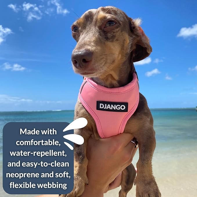 DJANGO Adventure Dog Harness - Stylish, and Durable Large Dog Harness for Outdoor Adventures and Everyday Wear - Quartz Pink Neoprene Adjustable Harness for Dogs with Reflective Piping, Brass D-Ring