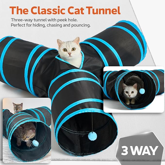 5 in 1 Interactive Cat Toys for Indoor Cats Bundle - Cat Tunnel, Fishing Pole, Feather Toy Teaser Wand, Spiral Tube, Cat Kicker - Crinkle Hanging Moving Cat Toys for Bored Indoor Adult Cats