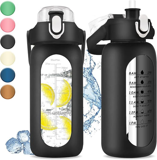 32 oz Glass Water Bottle with Time Marker - 1000ml Large Sports Motivational Water Bottles with Handle & Silicone Case, 1 Liter Leak-proof Measured Drinking Bottle for Gym Fitness Workout (Black)