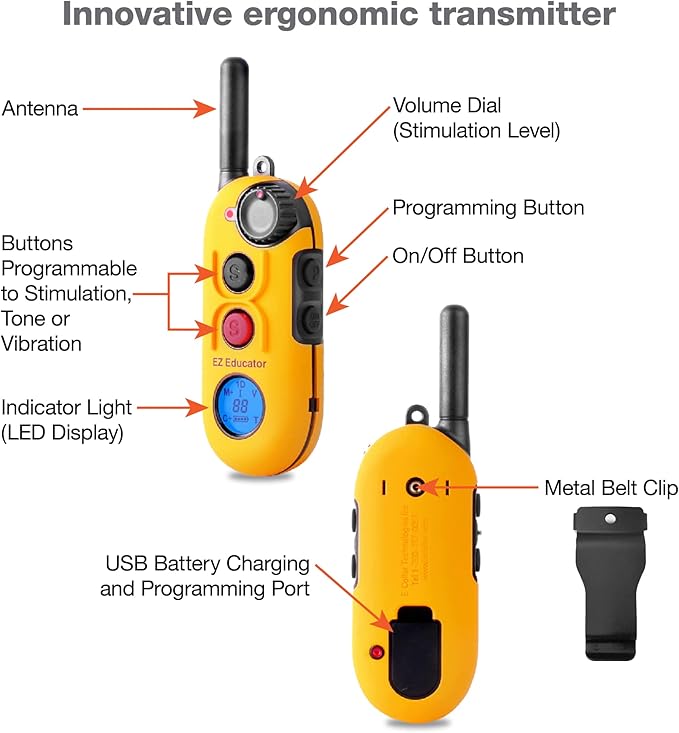 Educator EZ 1/2 Mile Dog Training Collar with Ergonomic Remote, Safe Humane Vibration Stimulation, Pavlovian Tone, Waterproof, Odorproof Biothane Collar, Night Light, Rechargeable, 3 Dog, Yellow