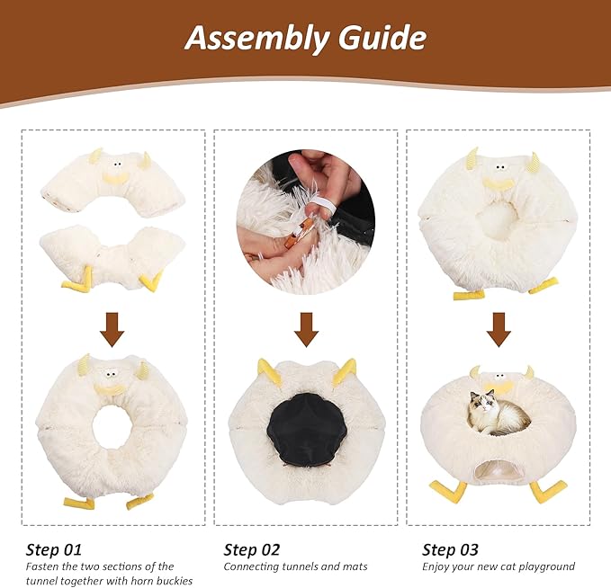 Cat Tunnel Bed for Indoor Cats - Cute Cat Donut Tunnel with Washable Circle Cushion - Multi-Purpose Cat Bed & Peekabo Cave, Pet Playground Toys for Kittens, Puppy, Rabbit (White)