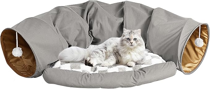 Cute Cat Tunnel Bed for Indoor with Collapsible Washable Design, Half Round Pet Play Interactive Toy for Cats/Puppy/Rabbit, Grey
