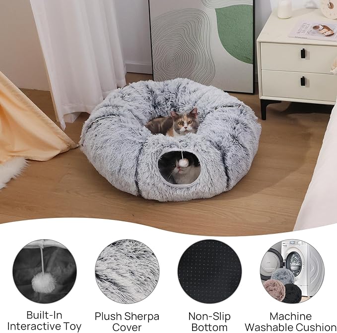 Plush Cat Tunnel Bed for Indoor Cats with Soft Cushion, Multi-Shape Play Cave with Hanging Balls, Large and Foldable Cat Donut Tunnel for Small and Large Pets (Grey)