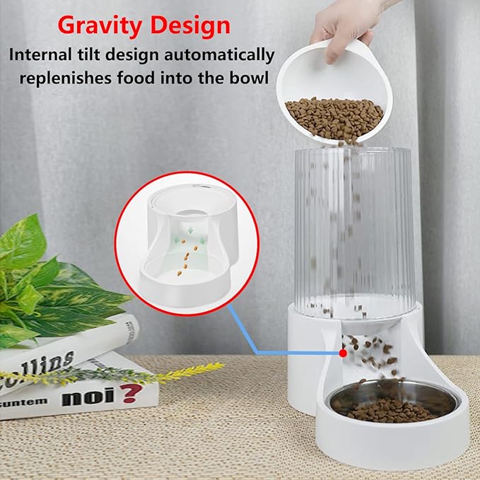 Automatic Cat Feeder, 3.8L Large Gravity Cat Food Dispenser with Detachable Top Lid, Visible Bottle and Stainless Steel Bowl for Pets (White)