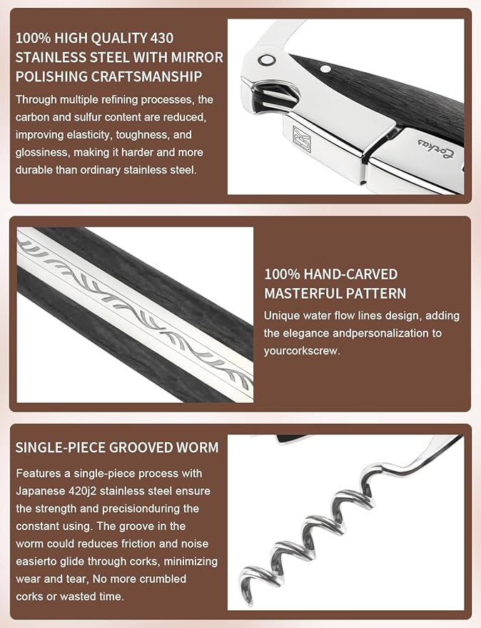 Wine Key - CORKAS Prestige Waiter Corkscrew with Ebony Handle, Handcrafted Wine Opener Manual with Double Hinged, Foil Cutter and Bottle Opener, Ideal Gifts for Sommelier, Bartenders, Servers