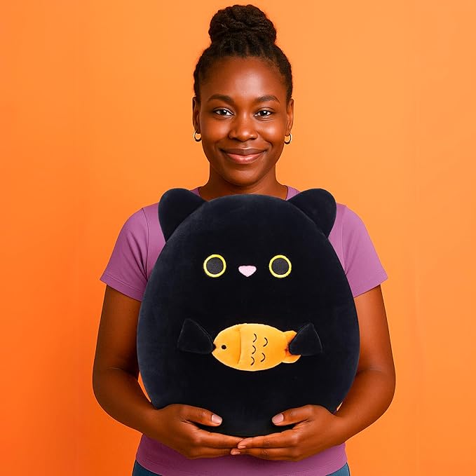 Original 12-inch Large Black Cat Plush Pillow Stuffed Animal Toy,Big Size Cute Soft Fat Hugging Cuddle Huggable Plushie,Gift for Kids