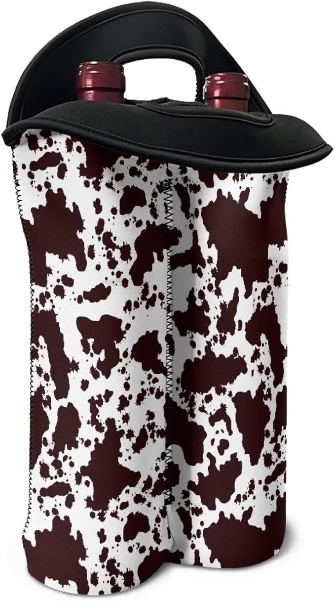 doginthehole Brown Cow Print Wine Tote Carrier Bag 2 Bottle Insulated Neoprene Wine/Water Bottle Holder Protective Travel Bag Champagne Cooler Bag for Beach Picnic Dinner Wedding