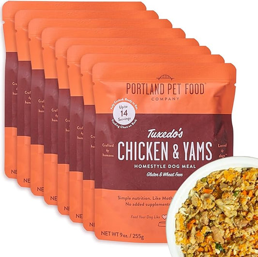 Portland Pet Food Company Tuxedo’s Chicken & Yams Fresh Dog Food Pouches - Human-Grade, Gluten-Free Wet Pet Meal Topper & Mixers - Large & Small Breed Puppy & Senior Dogs - Made in The USA - 8 Pack