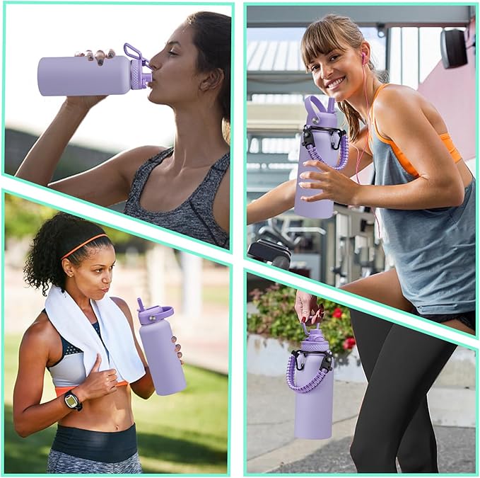 Insulated Water Bottle 32 oz - with Straw & Pop-up Spout Lid, Paracord Handle, Carrier Shoulder Strap, Protective Boot, Wide Mouth Double Walled Vacuum Insulated Gym Water Bottle for Women