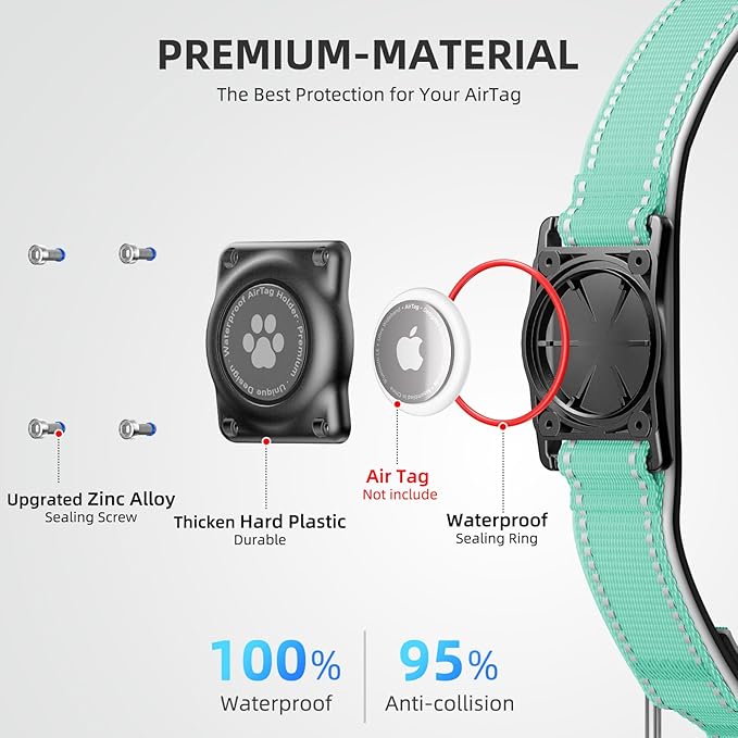 Airtag Dog Collar - 100% Waterproof Air tag Dog Collar Holder for Apple AirTag, Reflective, Soft Padded, Everlasting, GPS Dog Collar for Small Medium Large Dogs (Teal, L)