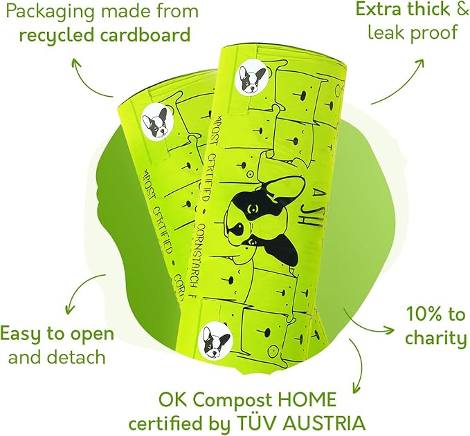 Home Compostable Dog Poop Bags with Handles - 10% to Charity - ASTM D6400 & EN 13432 Compliant - 120 x Large Plant Based Compostable Poop Bags (1 Pantry Roll)