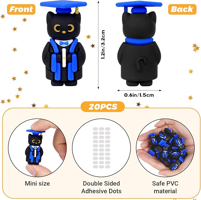 Cat Figurines, 20 PCS Black Cat Mini Resin with Cap Graduation Decorations Class of 2025, PVC Miniature Black Kitten Figures Grad Gifts for Kindergarten High School Party Favors