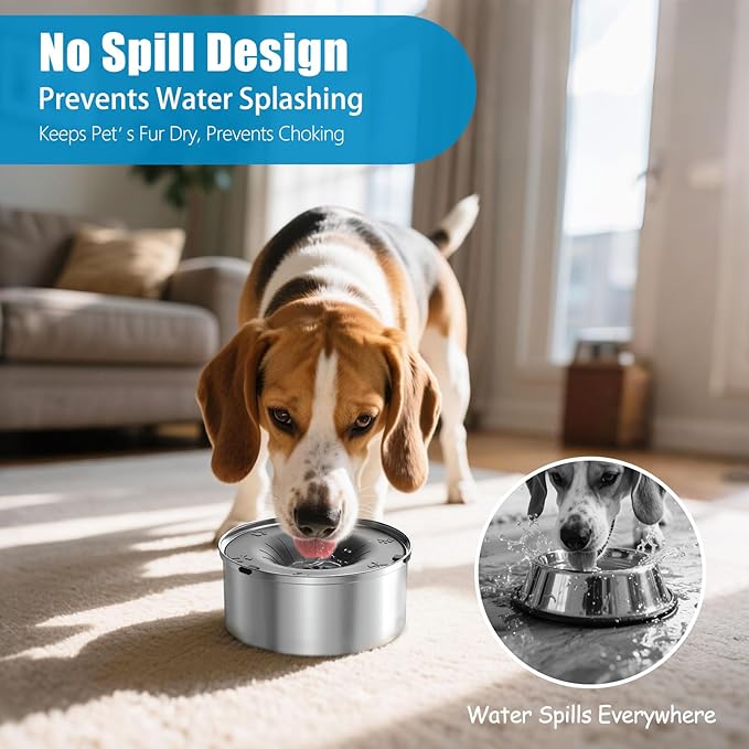 SCHITEC Dog Water Bowl No Spill 1.2L/40oz Slow Drinking Anti-Splash Stainless Steel Dog Bowl with Floating Disk, Spill Proof Pet Travel Water Dispenser for Sloppy Messy Drinkers(Gray)