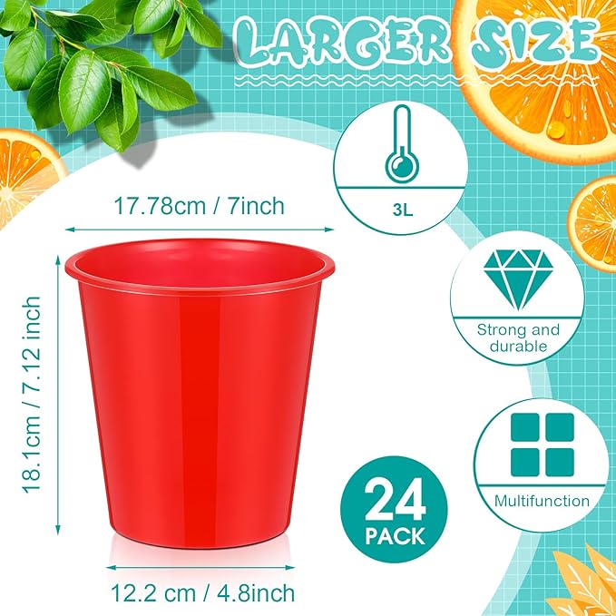 Layhit 24 Packs Plastic Ice Buckets for Parties 3 Liters Wine Bucket Portable Ice Holder for Party Disposable Wine Cooler for Wedding Party Beverage Champagne Soda and Beer(Red)
