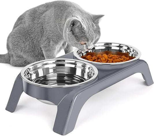 Elevated Cat Bowls, Anti Vomiting Raised Cat Food Bowl with 2 Stainless Steel Bowls, Prevent Neck Pain Cat Bowl Set, ABS Anti Slip Stand Cat Bowls for Indoor Cats & Puppies (Grey)