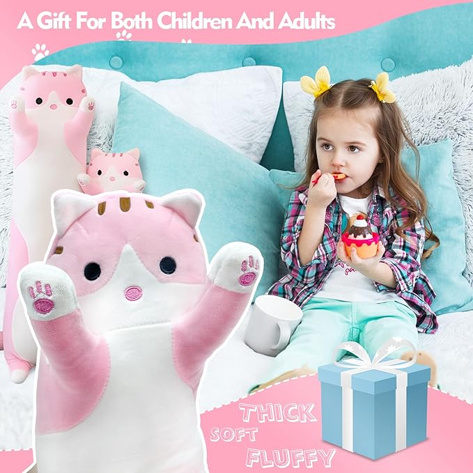 Long Cat Plush Pillow, 35.4in Cute Pink Cat Plushie Stuffed Animals Body Pillow, Kawaii Kitten Soft Plushie Doll Toy Birthday Gift for Kids Girlfriend