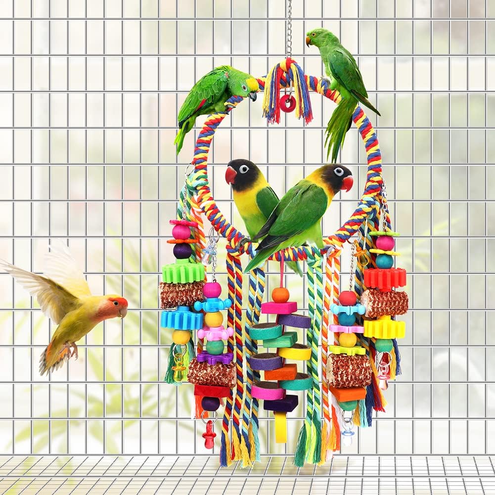 Bird Toys Bird Rope Ring Swing Perch with Corn Cob Cardboard Bagels Wooden Blocks Chewing Toys for Parakeets,Cockatiels,Conure,Lovebirds,Finches and Other Small-Sized Birds
