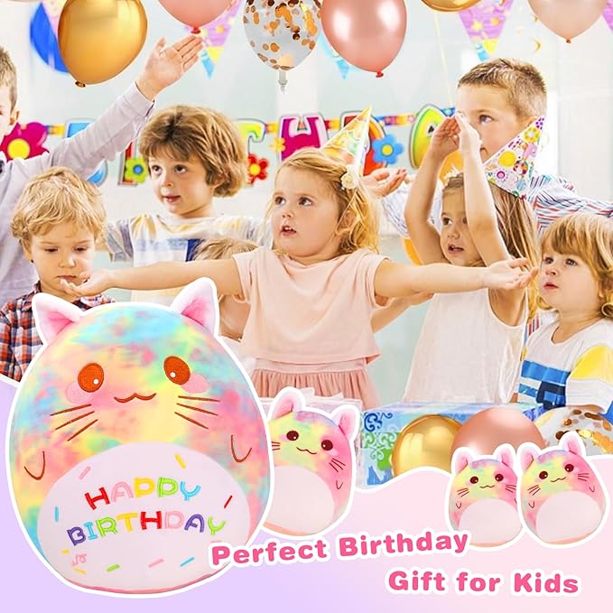 Birthday Cat Plush Pillow, 12'' Cat Stuffed Animal Cute Cat Plush Toy with 3 Little Cat Plushie Home Decoration Birthday Gift for Kids Toddlers