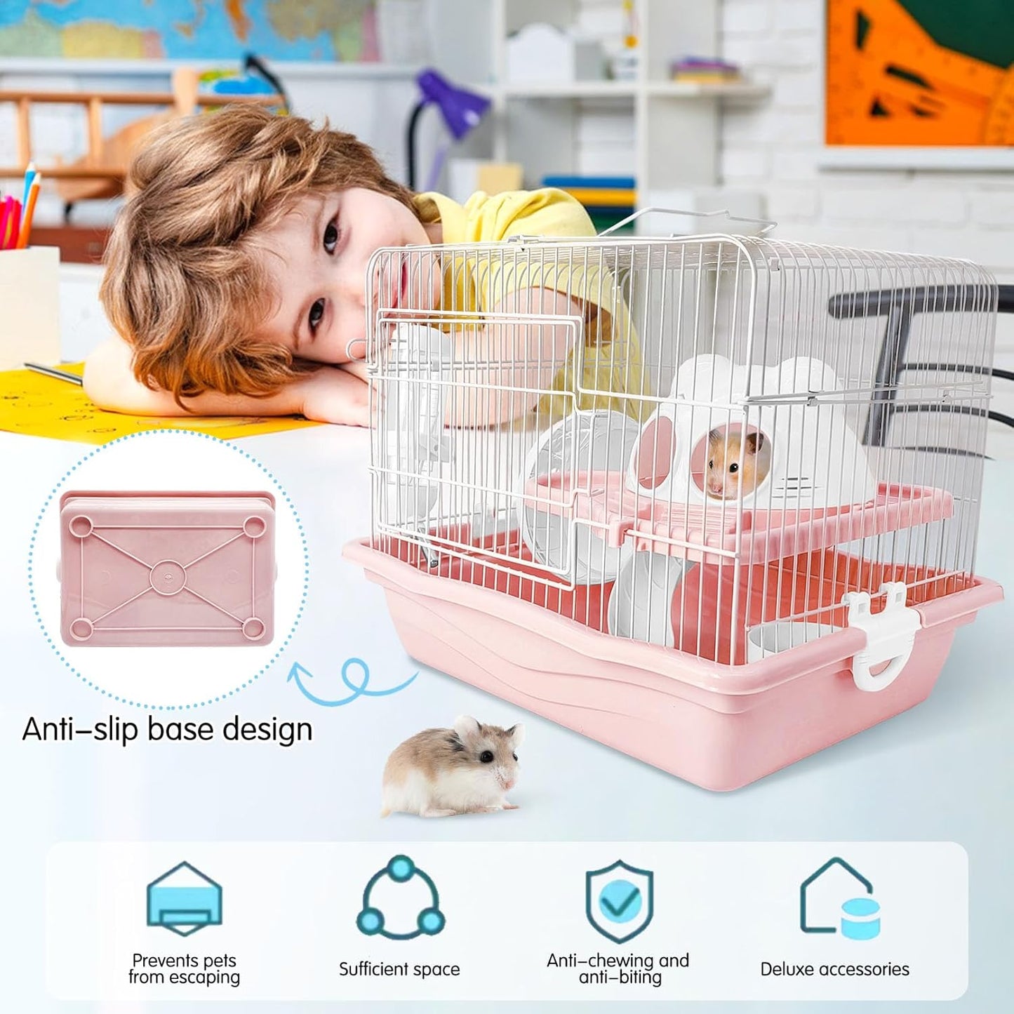 PINVNBY Dwarf Hamster Cage, Small Animal Cages, 2-Tier Travel Portable Mouse Cage Hamster Carrier with Castle House Running Exercise Wheels, Water Bottle and Food Dis（Pink）