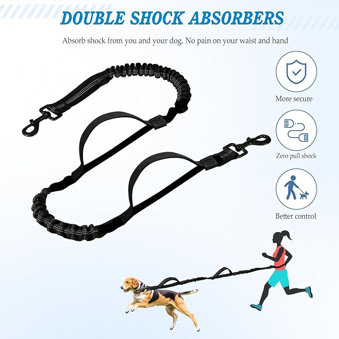 Hands Free Dog Leash with Zipper Pouch, Waist Dog Running Leash with Adjustable Waist Belt and Dual Handle, Reflective Bungee Hands Free Leash for Medium to Large Dogs (Black)