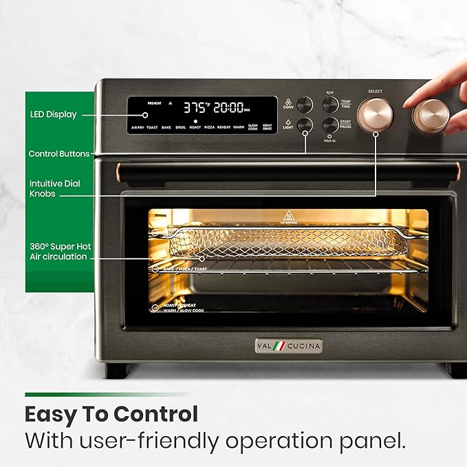 Infrared Heating Air Fryer Toaster Oven, Extra Large Countertop Convection Oven 10-in-1 Combo, 6-Slice Toast, Enamel Baking Pan Easy Clean with Recipe Book, Black Matte Stainless Steel