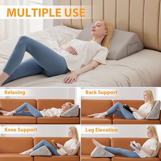 Knee Wedge Pillow, 8" Wedge Pillow for Knee Pain Relief, Premium Memory Foam Knee Pillow for Back Sleeping, Triangle Wedge Pillow for Leg Elevation, Back Pain, Sciatica, Hip Support, Grey