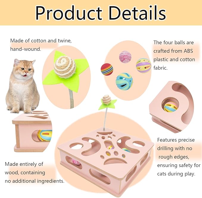 Interactive Wooden Cat Puzzle Toy Box Indoor Hunting Play Toy to Stimulate Your Cat’s Energy and Instincts (Pink)