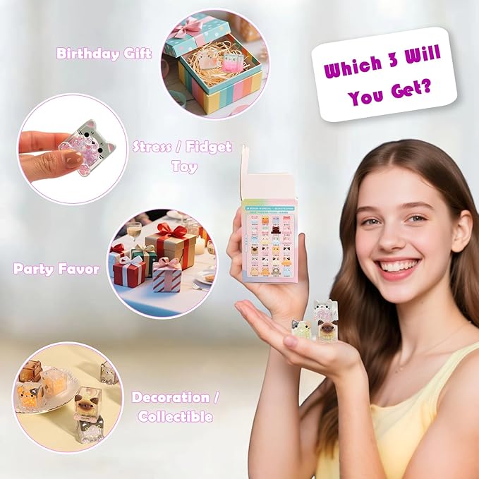 Square Cat Series Blind Pack (3PCs in one Bag) Random Design Cat Blind Box Figures Collectible Toys Cute Mystery Box Home Decorations Holiday Birthday Gifts