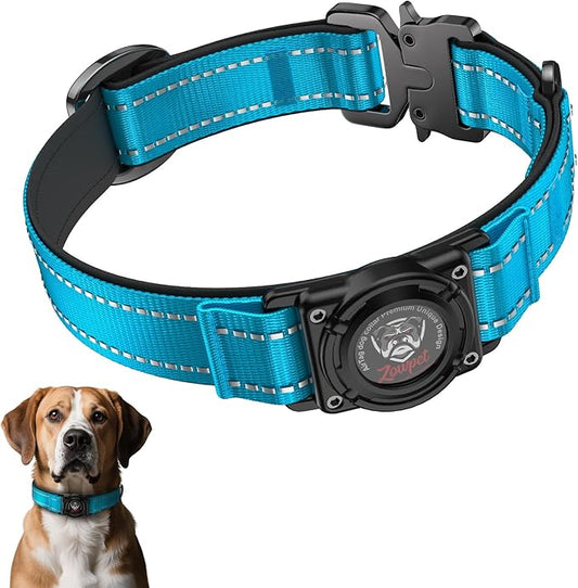 2025 Upgrade Airtag Dog Collar, Reflective Dog Collar with Airtag Holder, IP68 Waterproof| Metal Buckle| Ultra-Durable| Comfortable Padded, GPS Dog Collars for Medium Large Dogs (Blue,M)