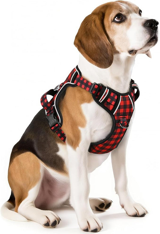 HEELE Dog Harness, No Pull Adjustable Padded Reflective Harness for Small Medium Large Dogs with Handle for Walking Training, Checkered-Red, M