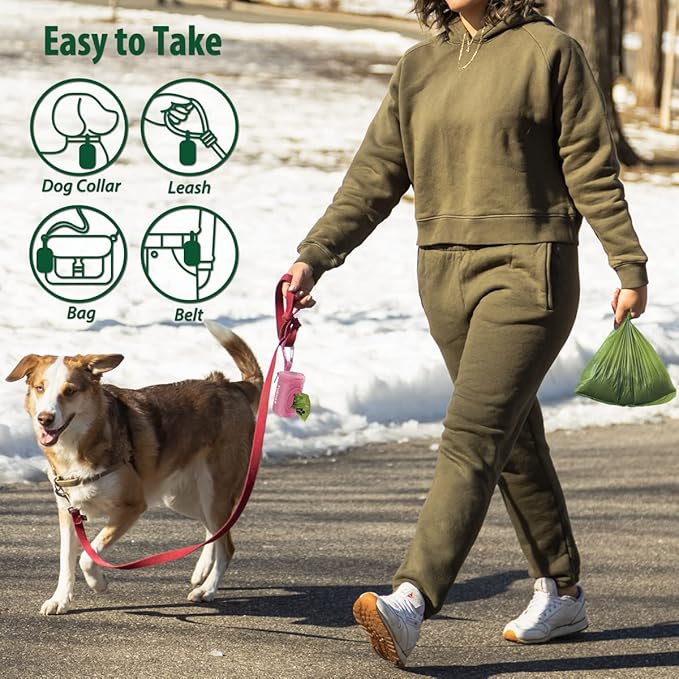 Dog Poop Bag Holder for Leash Doggie Waste Bag Dispenser Soft Fabric Puppy Potty Carrier Small Doggy Zipper Pouch with Carabiner Clip 1680D Nylon Oxford with 1 Roll of Pet Trash Bags, Pink