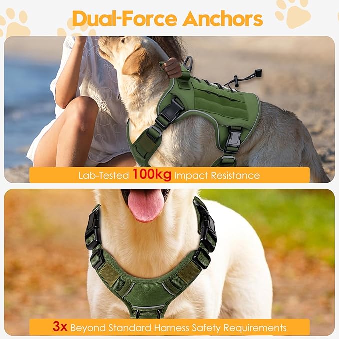 Heavy-Duty Tactical Dog Harness for Large Dogs, No Pull Adjustable Reflective Pet Vest with Molle System, K9 Military-Grade Control for Service Training, Outdoor & 10+ Breeds, Green, XX-Large
