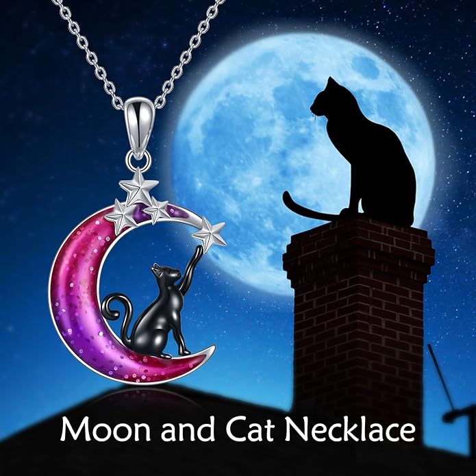 925 Sterling Silver Moon Black Cat Necklace for Women - Tree of Life Jewelry with Abalone Stone - Cat Lover Birthday Gift