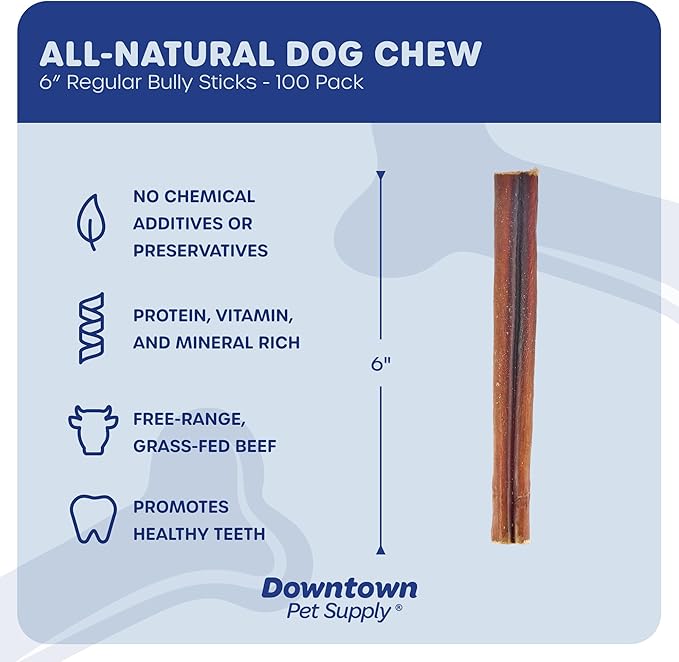 Downtown Pet Supply Bully Sticks for Dogs - Natural 6 Inch Beef Chews, Odor-Free & Rawhide-Free, Long Lasting Dog Treats for Aggressive Chewers - Healthy, Safe & Delicious Chews Dogs Love (100 Pack)