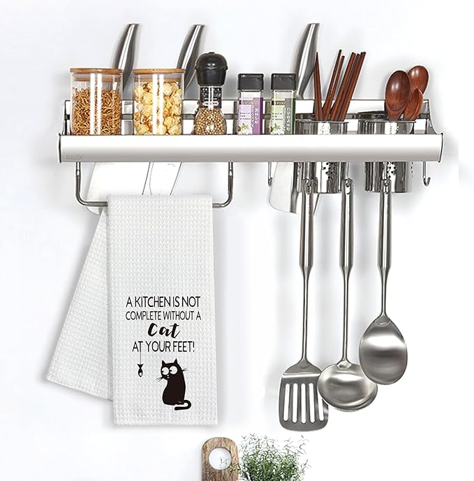 A Kitchen is Not Complete Without a Cat at Your Feet,Funny Kitchen Towels,Funny Dish Towels with Sayings,Dish Towels for Kitchen Decor,Cat Kitchen Towel,Cat Lover Gift, 16x24in, White