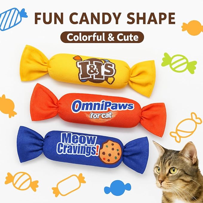 Catnip Candy Toys for Indoor Cats – 3-Pack Crinkle Cat Toys with Catnip Pouches, Durable Canvas & Soft Filling, Cat Chew Toys for Kittens & Adults (Mix Color)