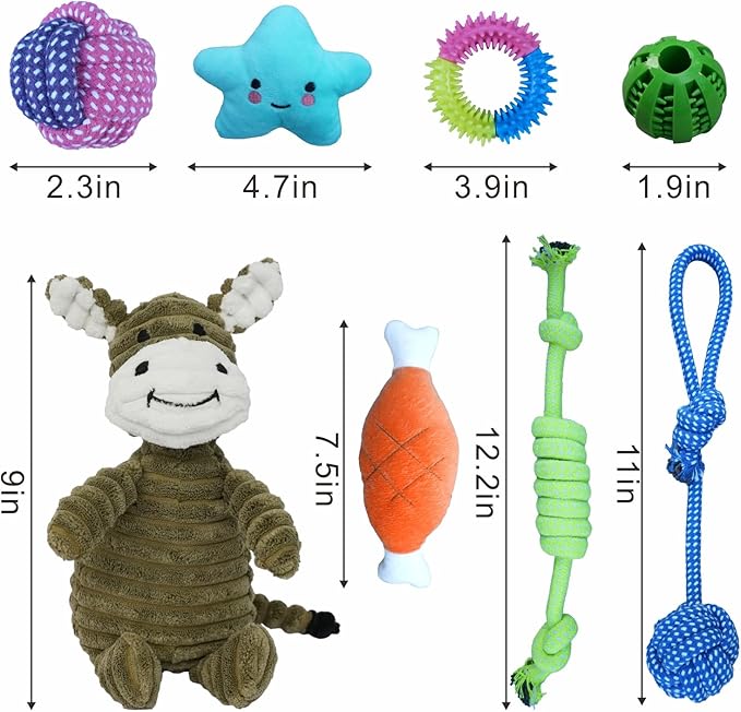 9 Pack Dog Toys for Teething, Entertainment, Puppy Chew Toys Pack with Cute Donkey Squeaky Toys, Treat Ball，Durable Ropes Chew Toys
