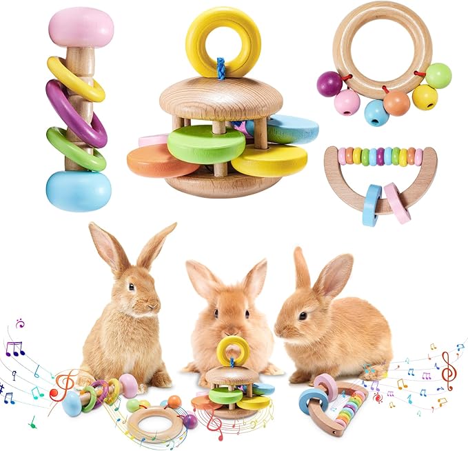 4 Pcs Wooden Bunny Toys - Safe Rabbit & Guinea Pig Toys for Chinchillas & Hamsters, Teeth Grinding, Indoor & Outdoor