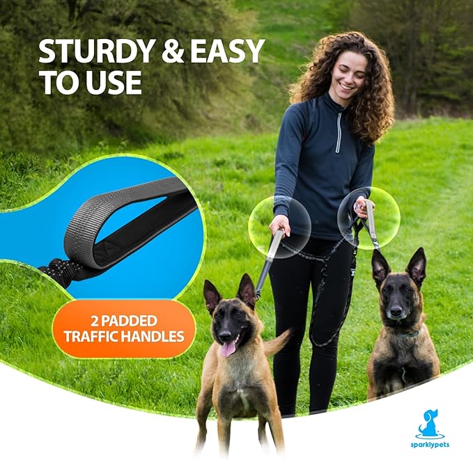 SparklyPets Double Dog Leash for 2 Dogs – Rope Bungee Dual Leash for Medium and Large Breeds with Padded Handles & Tangle Free (Gray Coupler, Medium/Large)