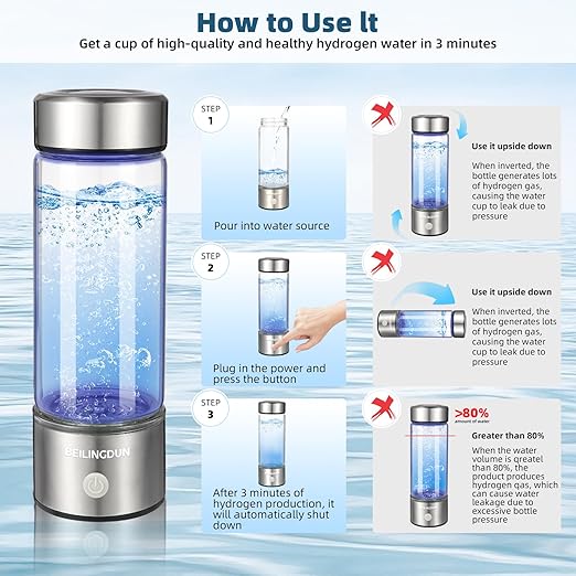 Hydrogen Water Bottle,Hydrohealth Hydrogen Water Bottle,Aqua Fusion Hydrogen Water Generator,SPE PEM Water Filter Pitcher 1800PPB 420ml Water Purifier,Glass Water Ionizer for Gifting(Silver)