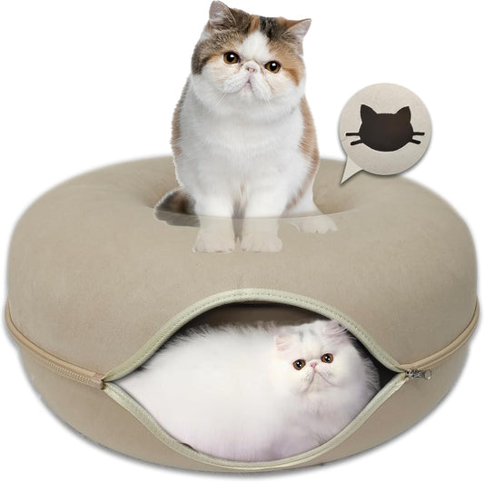 Donut Cat Tunnel Bed Peekaboo Cat Cave for Large Cats Up to 30 Lbs, Kitty Interactive Playing Tent House for Multiple Cats,Detachable,Scratch Resistant (Beige, Large - 24 Inch Diameter)