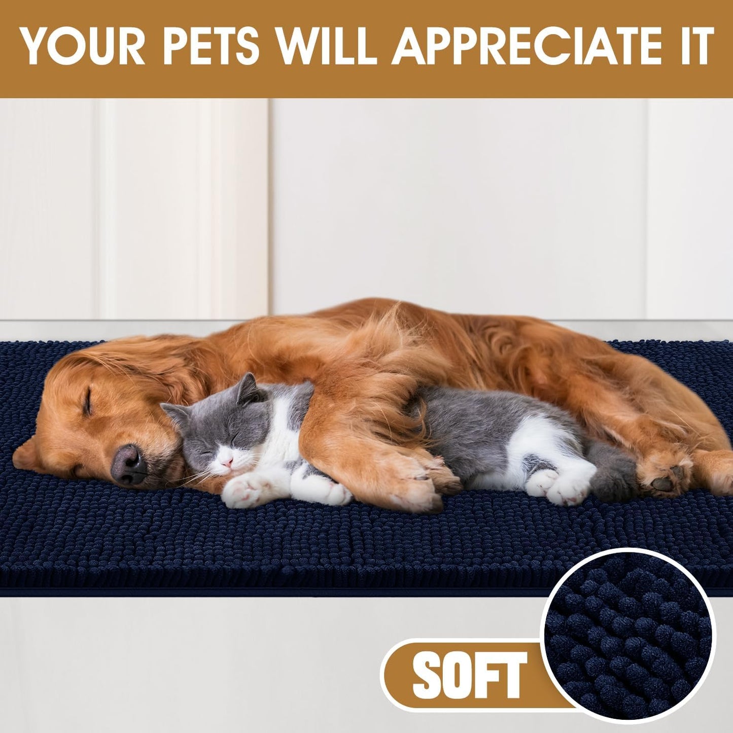 Extra Large Dog Door Mats for Muddy Paws, Chenille Absorbent Dog Mats, Non Slip Heavy Mud Mat for Dogs, Soft Pet Mat for Entryway, Mud Paws, Inside Floor,60" x 36", Navy Blue