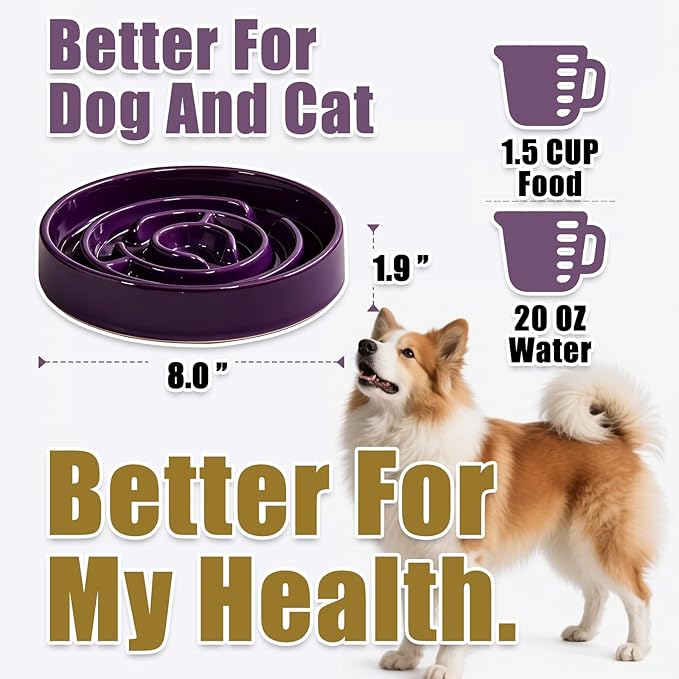 Slow Feeder Dog Bowls, Silicone Dog Bowl with Anti-Slip, Slow Feeder & Non-Slip Design, Boredom and Anxiety Reducer, Suitable for All Breed Dogs and Cat (Ceramic-Purple)
